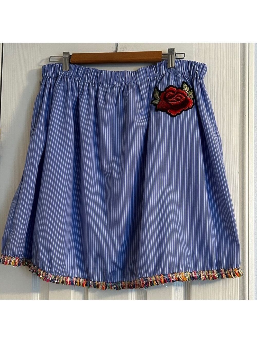 Denimland Rainbow Fringe Mini Skirt, LG, Blue